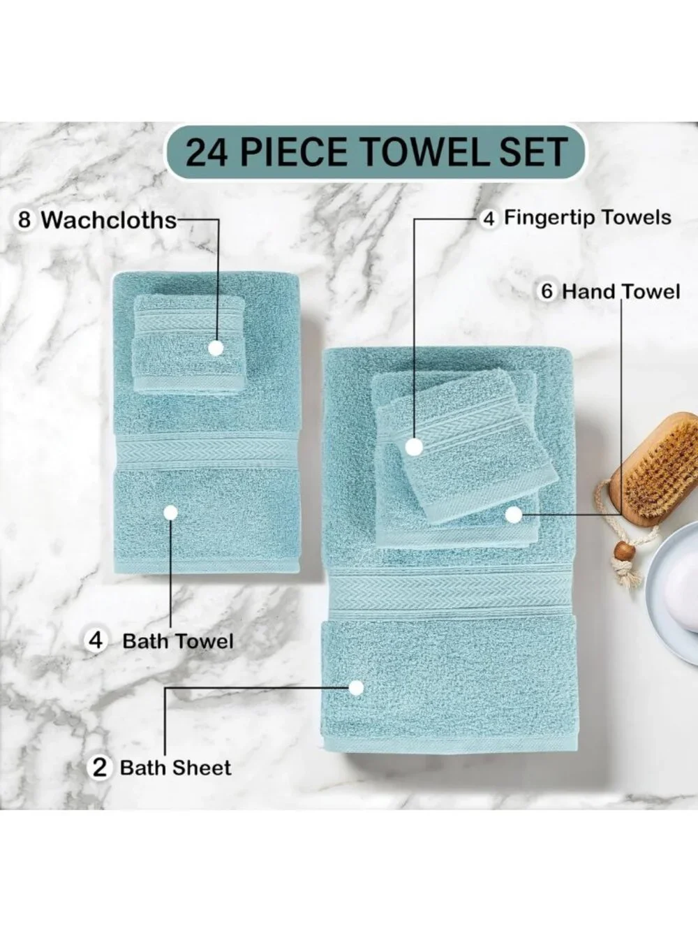 100% Cotton 24-Piece Bath Towel Set - Soft, Absorbent, Ocean Blue for Bathroom